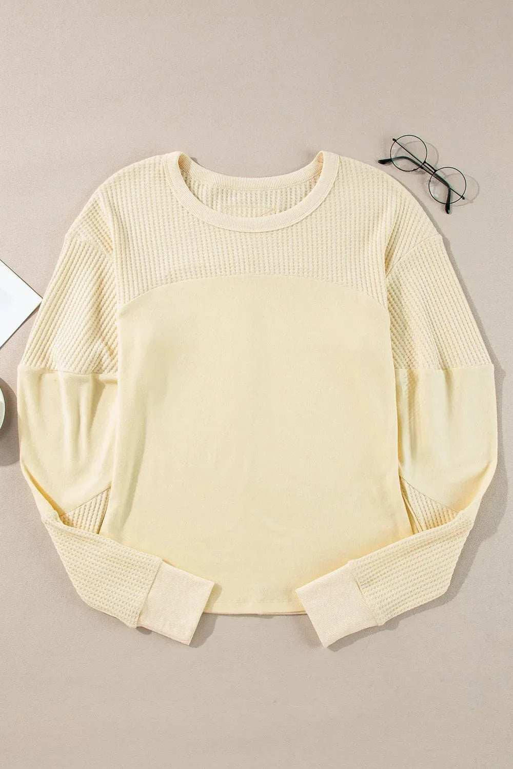 Waffle-Knit Round Neck Long Sleeve Top - Trendsi - Flyclothing LLC