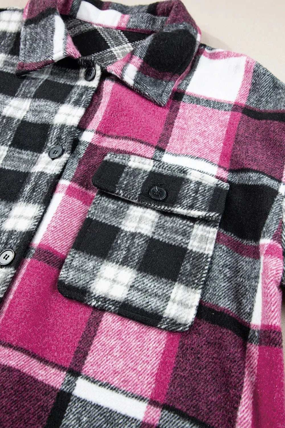 Pocketed Plaid Collared Neck Long Sleeve Shacket - Trendsi - Flyclothing LLC
