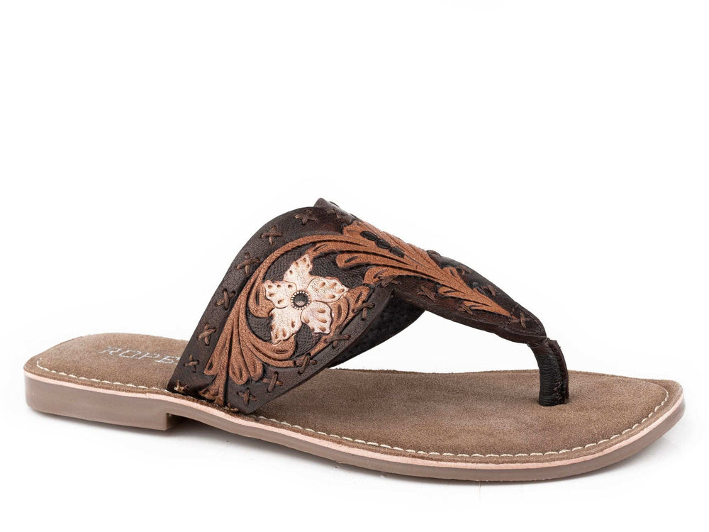 Roper Womens Brown Floral Painted Tooled Sandal - Roper - Flyclothing LLC
