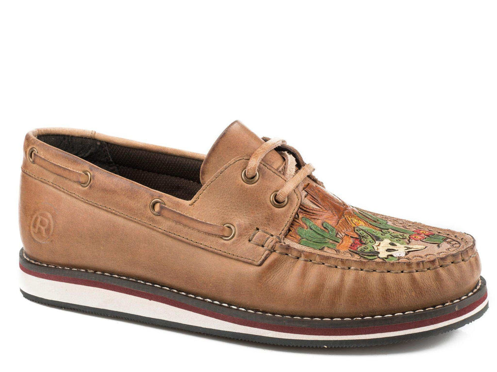 Roper Womens Lace Up Moccasin Brown Burnished Leather With Painted Handtooled Vamp Desert Scene - Roper - Flyclothing LLC