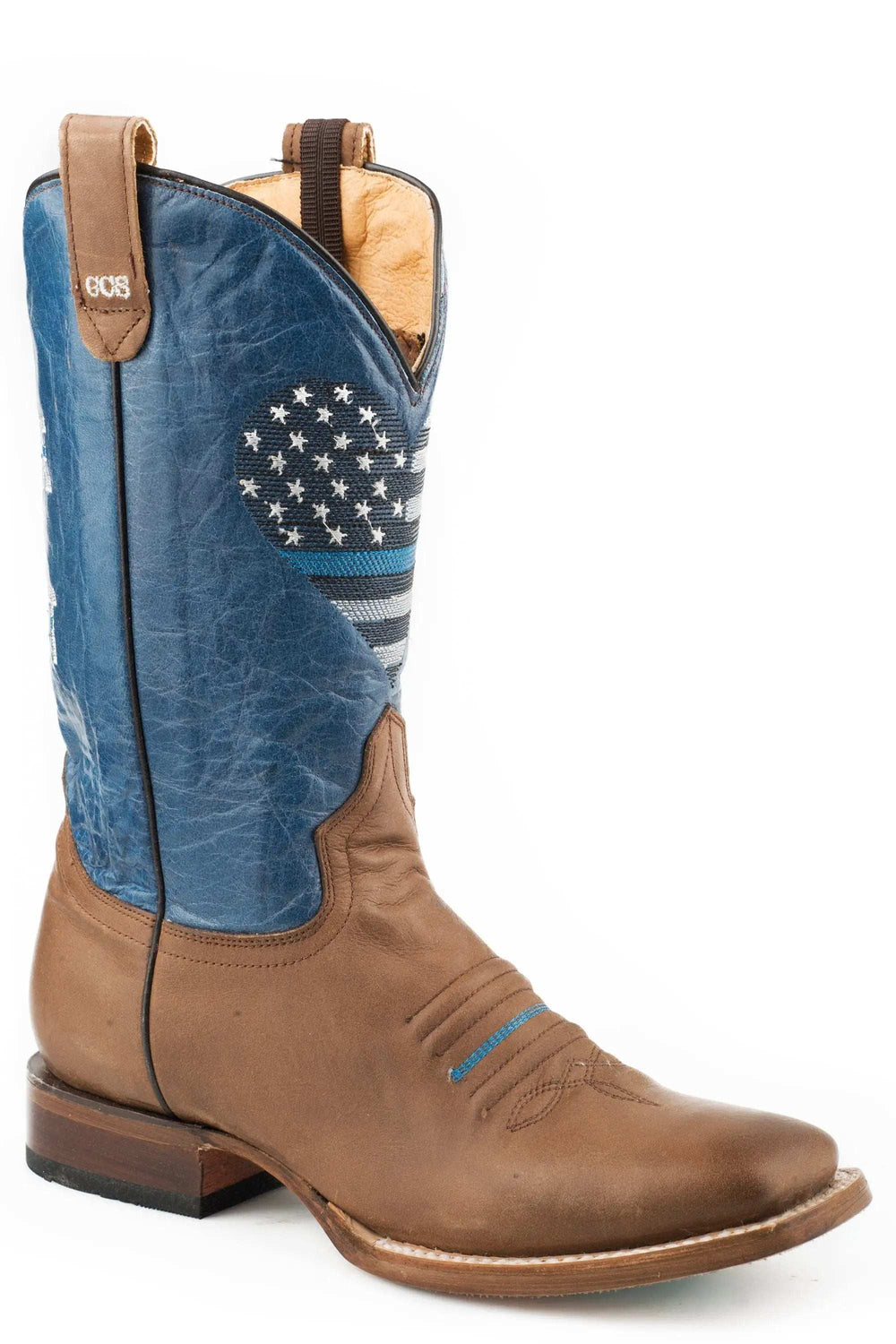 Roper Womens Concealed Carry Leather Cowboy Boot Burnished Brown Vamp Marbled Blue Upper With Thin Blue Line Embroidery - Roper - Flyclothing LLC