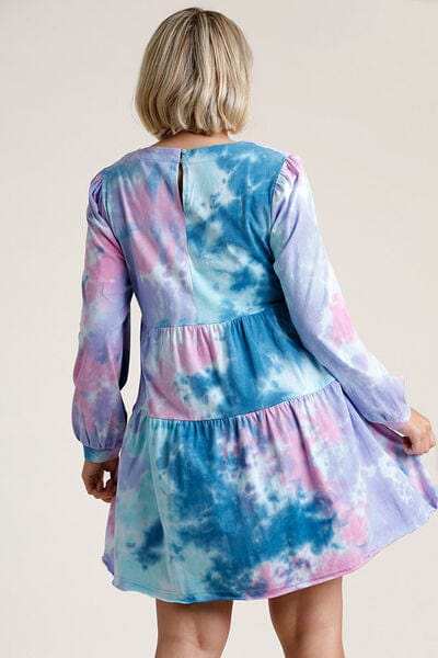 Umgee Full Size Tie Dye Round Neck Long Sleeve Babydoll Tiered Dress Plus Size - Trendsi - Flyclothing LLC