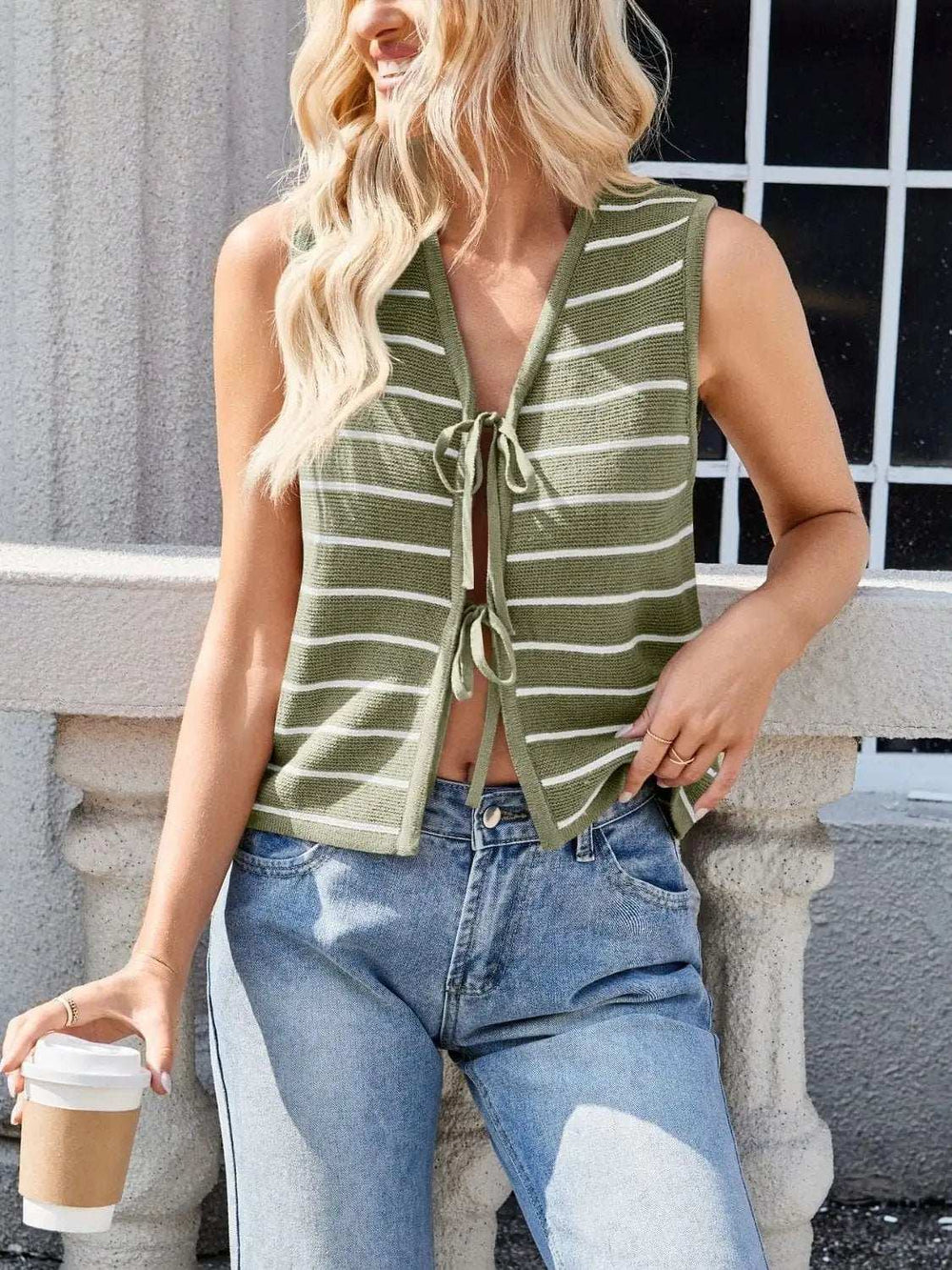 Tie Front Striped Knit Vest - Trendsi - Flyclothing LLC