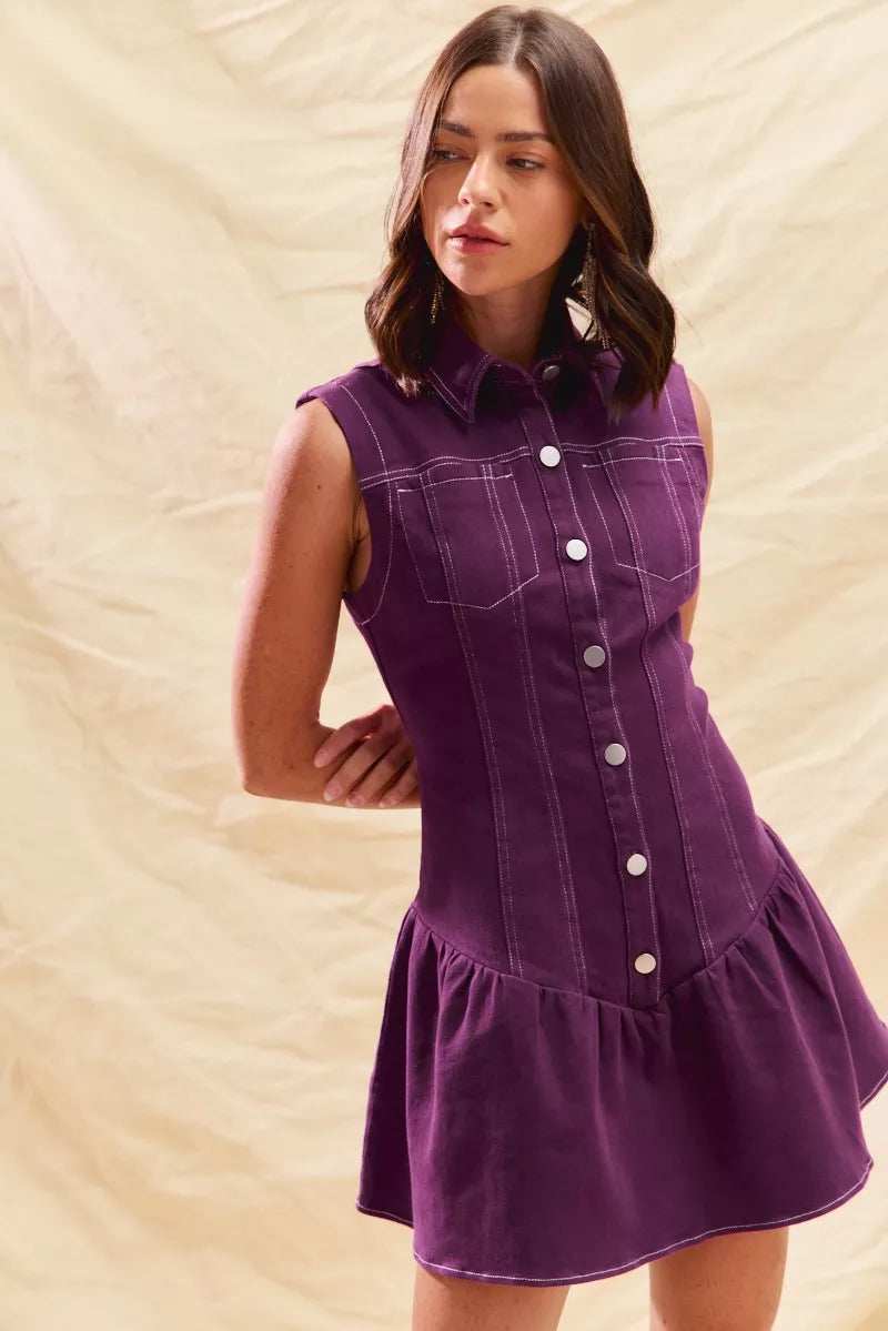 SO ME Button Down Sleeveless Collared Game Day Mini Dress - Trendsi - Flyclothing LLC