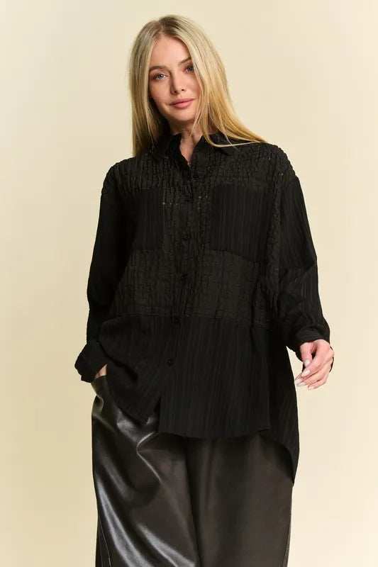 Davi & Dani Crinkled Jacquard Button Down Shirt - Trendsi - Flyclothing LLC
