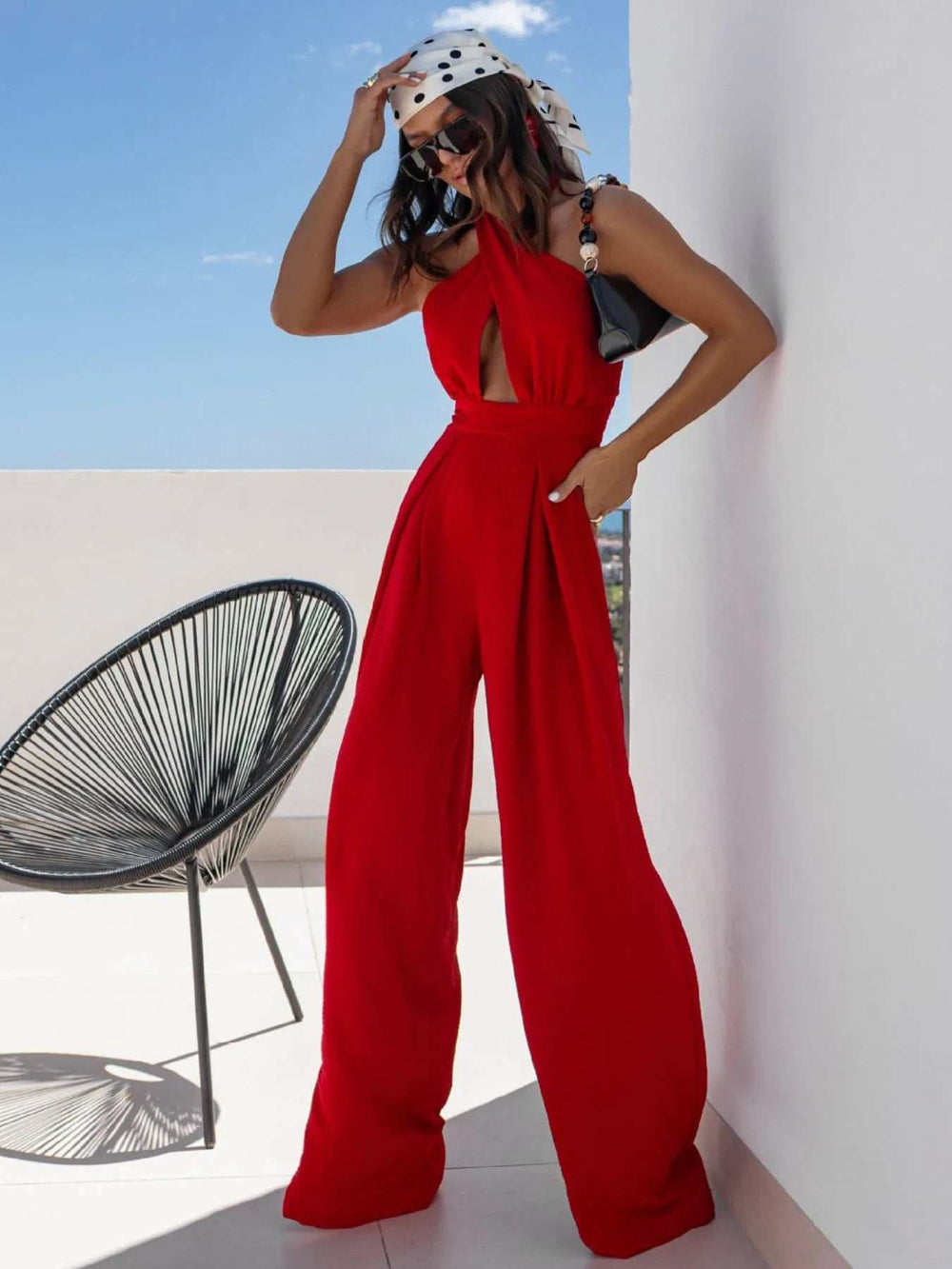 Wide Leg Cutout Halter Neck Jumpsuit - Trendsi - Flyclothing LLC