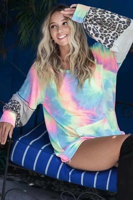BiBi Tie Dye French Terry Sweatshirt with Contrast - Trendsi - Flyclothing LLC