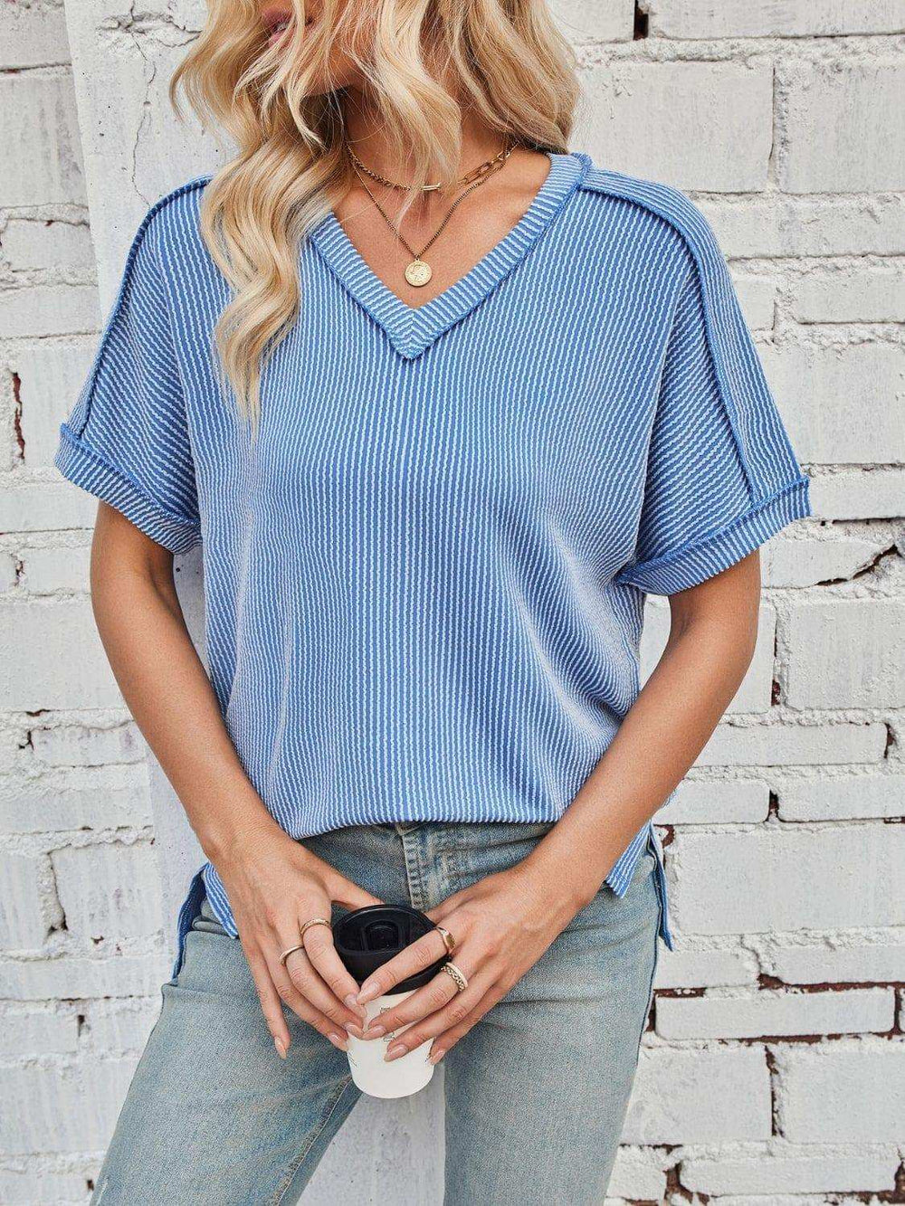 Cord Ribbed V-Neck Short Sleeve T-Shirt - Trendsi - Flyclothing LLC