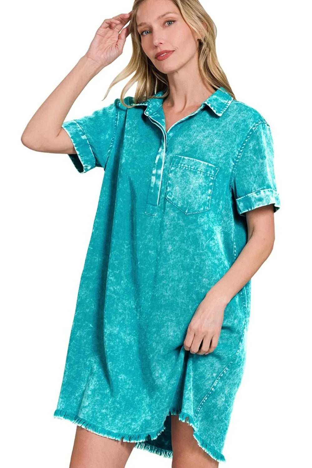 Zenana Tencel Mineral Washed Collared Shirts Dress - Trendsi - Flyclothing LLC
