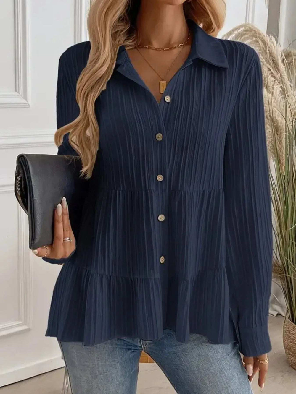 Striped Button-Down Tiered Shirt - Trendsi - Flyclothing LLC