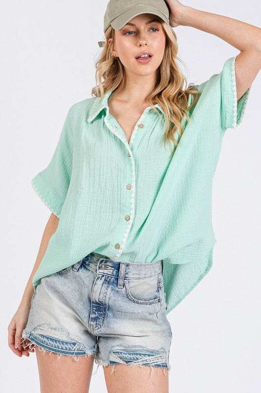 SAGE+FIG Boho Contrast Zigzag Trim Gauze Button-Up Shirt - Trendsi - Flyclothing LLC