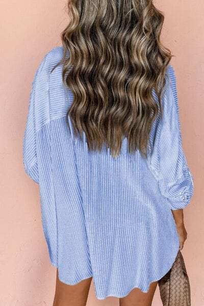 Striped Collared Neck Long Sleeve Shirt - Trendsi - Flyclothing LLC