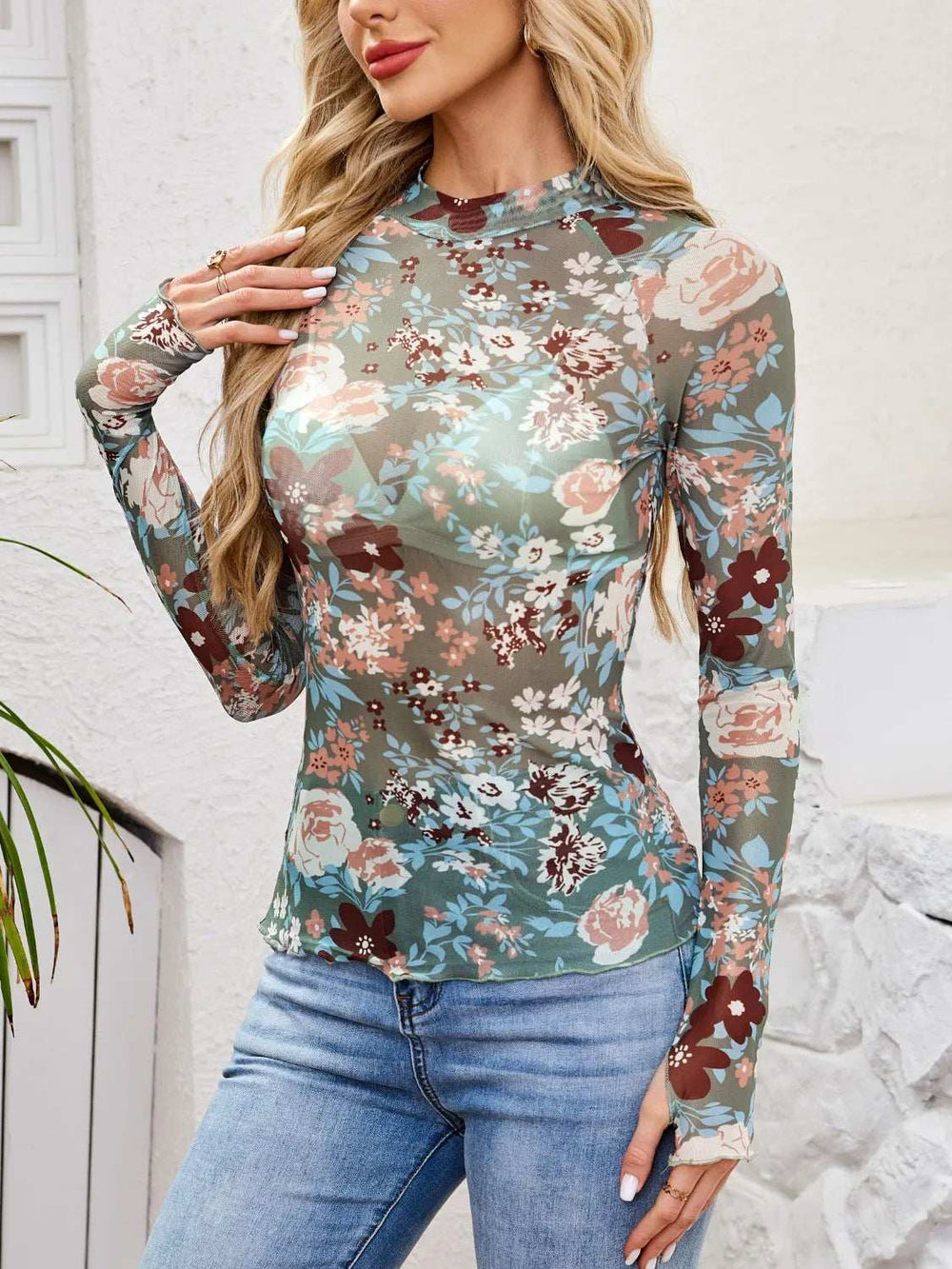Floral Mock Neck Long Sleeve Top - Trendsi - Flyclothing LLC