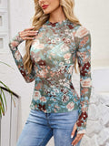 Floral Mock Neck Long Sleeve Top - Trendsi - Flyclothing LLC