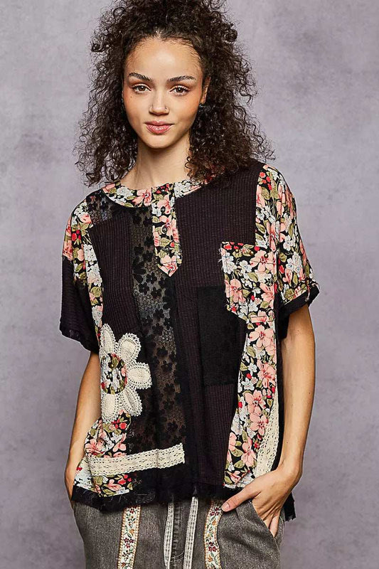 POL Lace Round Neck Short Sleeve Floral Pattern Top with Patch Detail - Trendsi - Flyclothing LLC