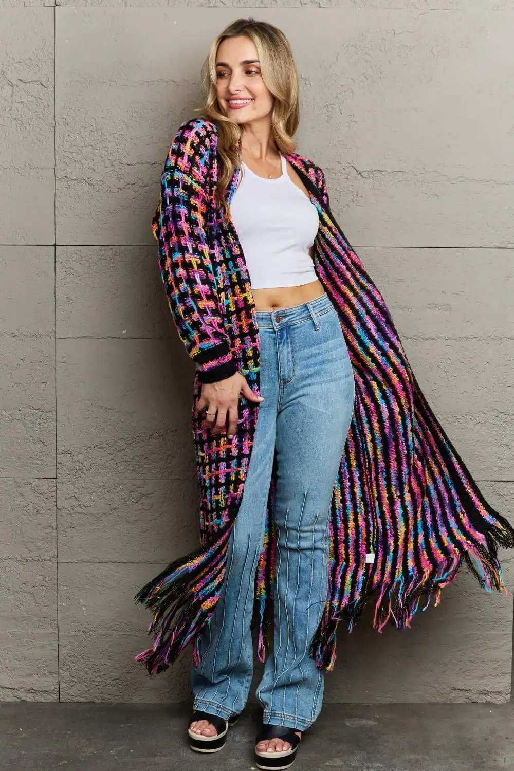 Multicolored Open Front Fringe Hem Cardigan - Trendsi - Flyclothing LLC