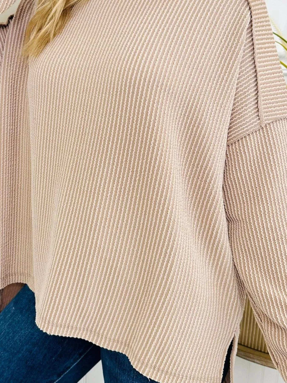 Twist Ribbed Exposed Seam Detail Long Sleeve Loose Top - Trendsi - Flyclothing LLC