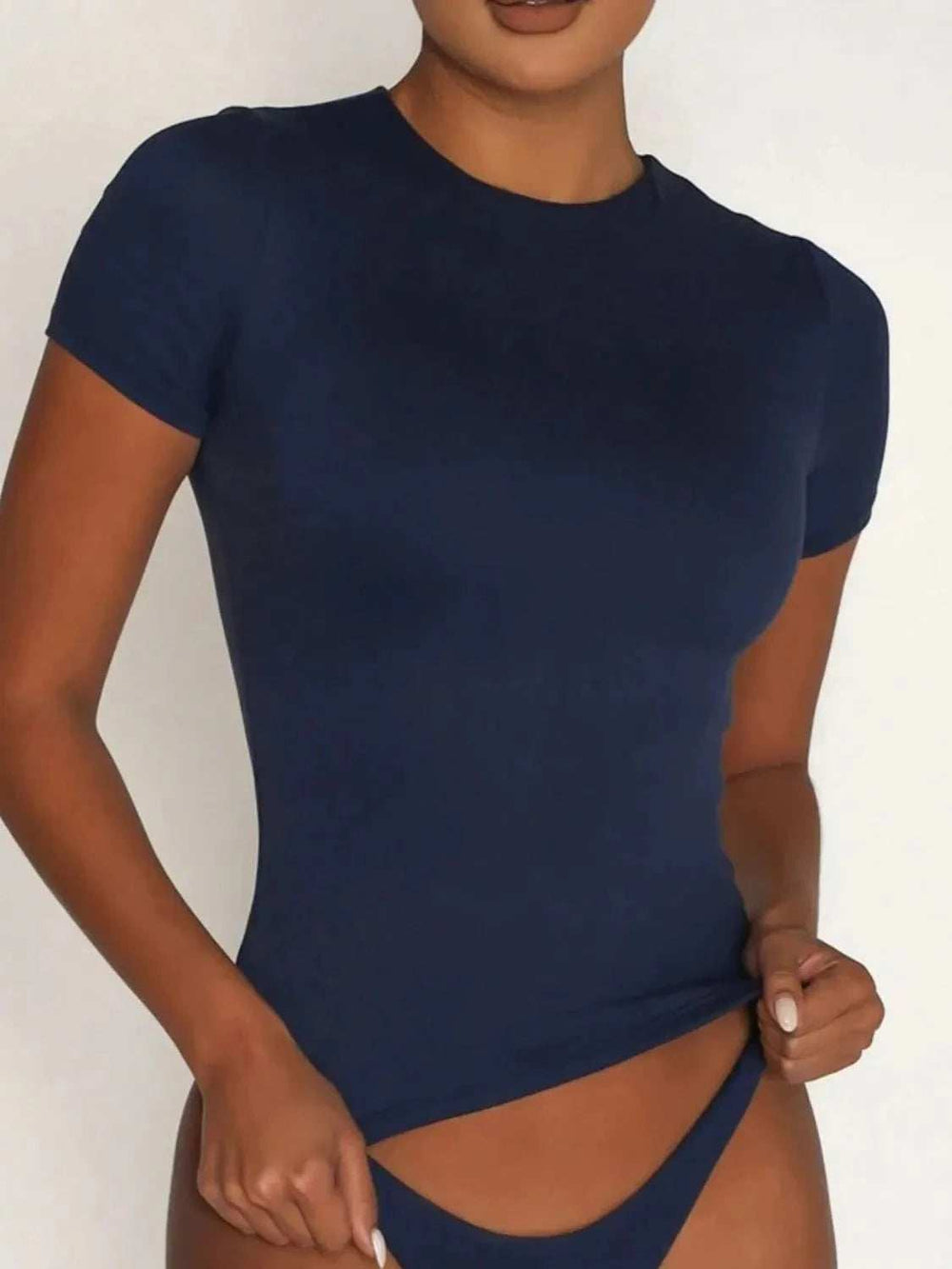 Round Neck Short Sleeve Swim Top - Trendsi - Flyclothing LLC