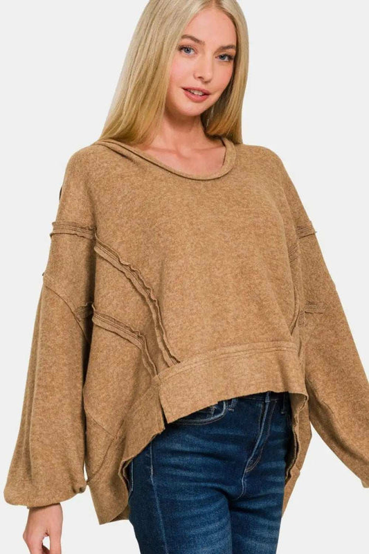 Zenana Brushed Hacci Exposed Seam Hoodie - Trendsi - Flyclothing LLC