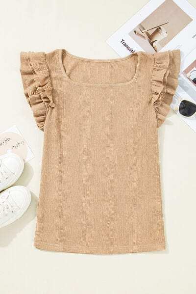Ruffled Square Neck Textured Cap Sleeve Top - Trendsi - Flyclothing LLC
