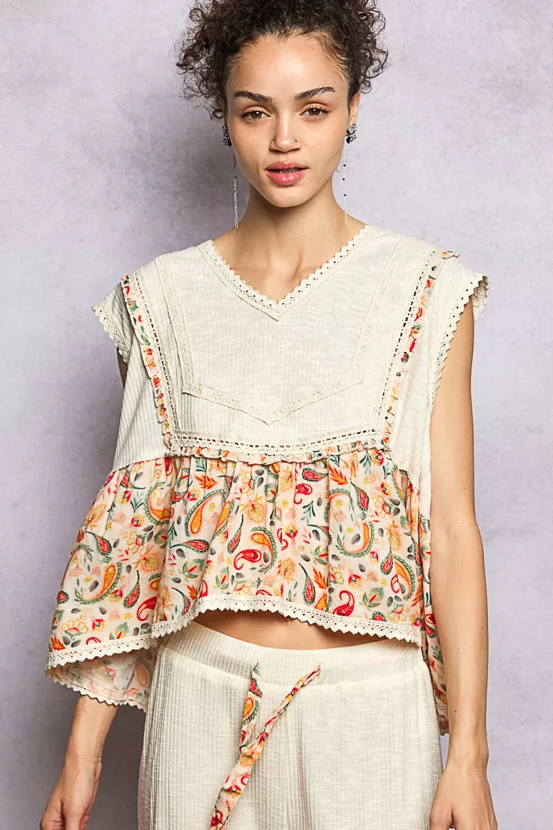 POL Lace Detail Floral Cropped Ruffled Top - Trendsi - Flyclothing LLC