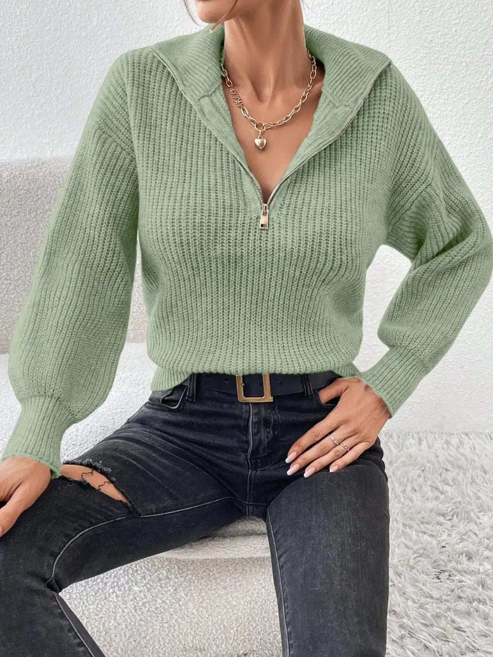 Honey Half Zip Dropped Shoulder Sweater - Trendsi - Flyclothing LLC