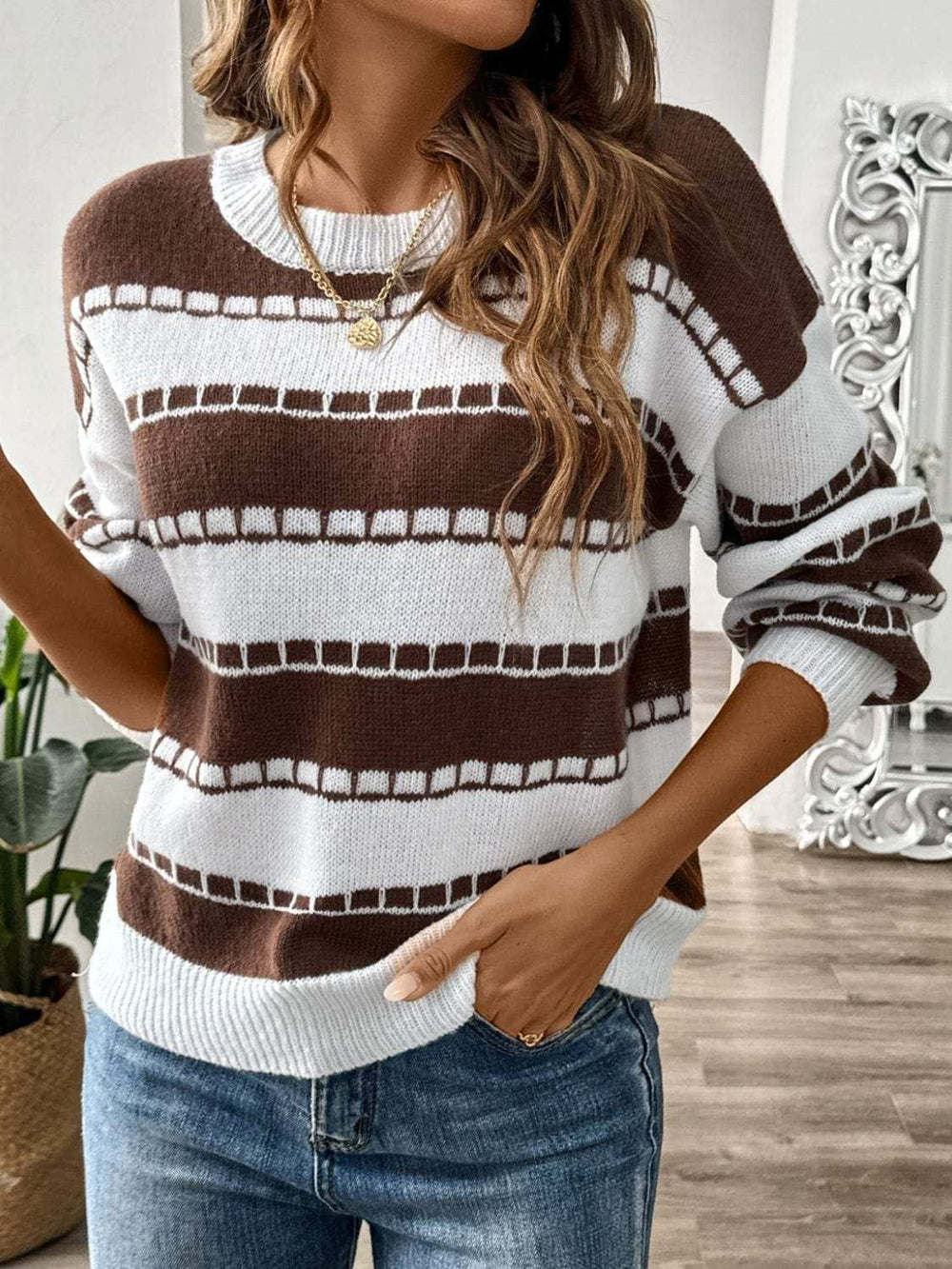 Striped Round Neck Long Sleeve Sweater - Trendsi - Flyclothing LLC