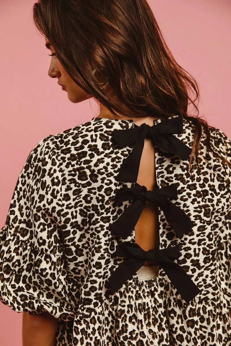 BiBi Leopard Denim Dress With Back Contrast Tie Detail - Trendsi - Flyclothing LLC
