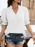 Devine Frill Notched Short Sleeve Blouse - Trendsi - Flyclothing LLC