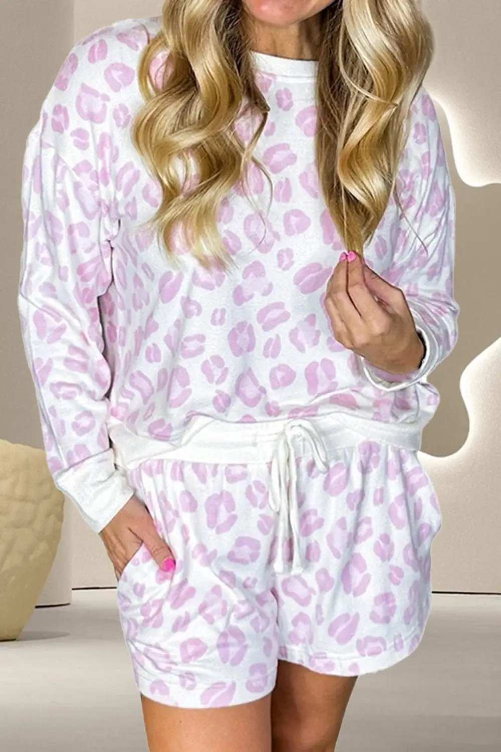 Leopard Long Sleeve Top and Drawstring Shorts Lounge Set - Trendsi - Flyclothing LLC