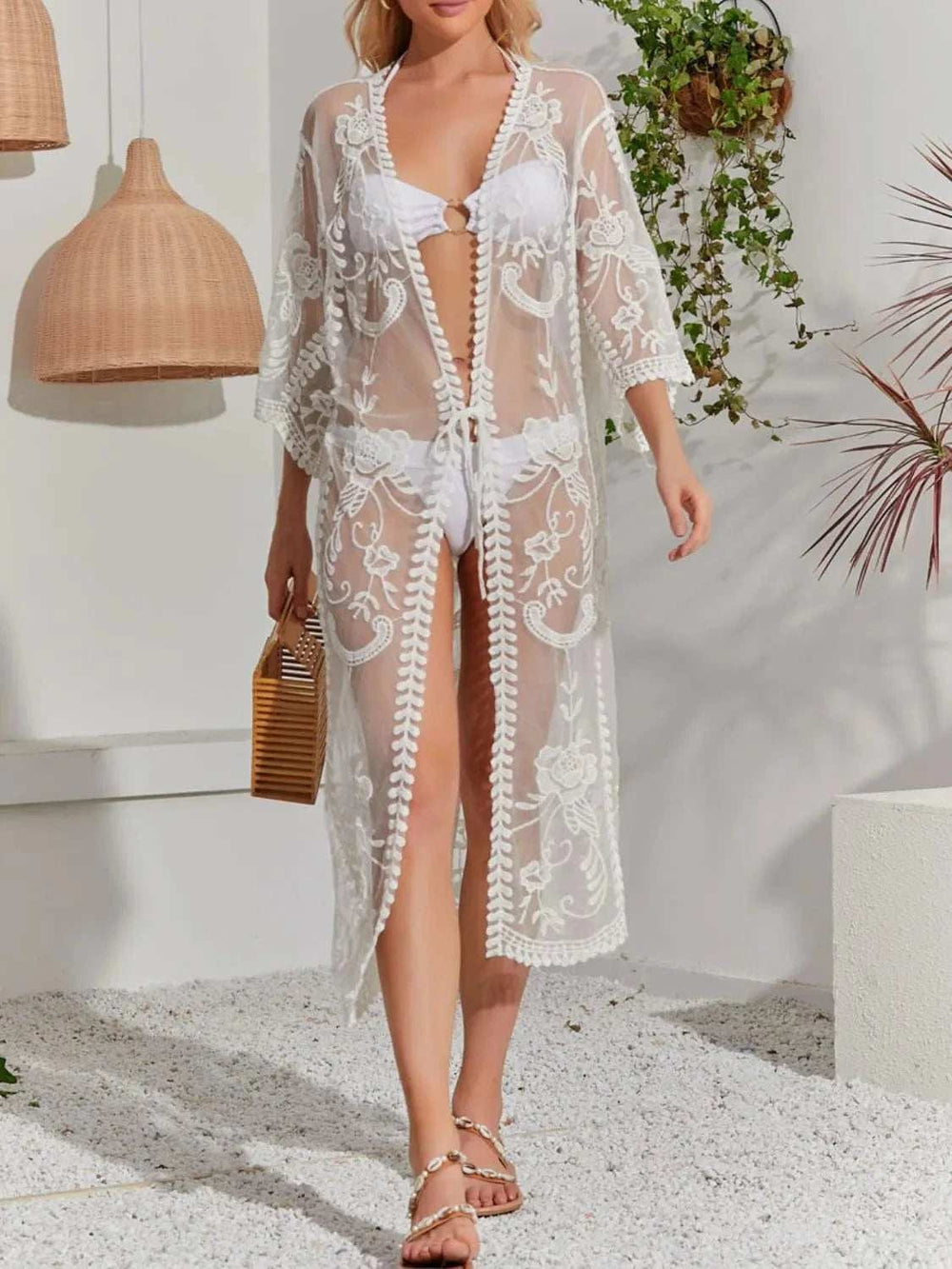 Lace Detail Open Front Longline Cover-Up - Trendsi - Flyclothing LLC