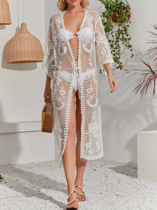 Lace Detail Open Front Longline Cover-Up - Trendsi - Flyclothing LLC