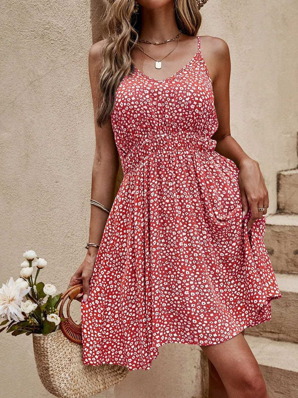 Floral V-Neck Mini Cami Dress - Trendsi - Flyclothing LLC