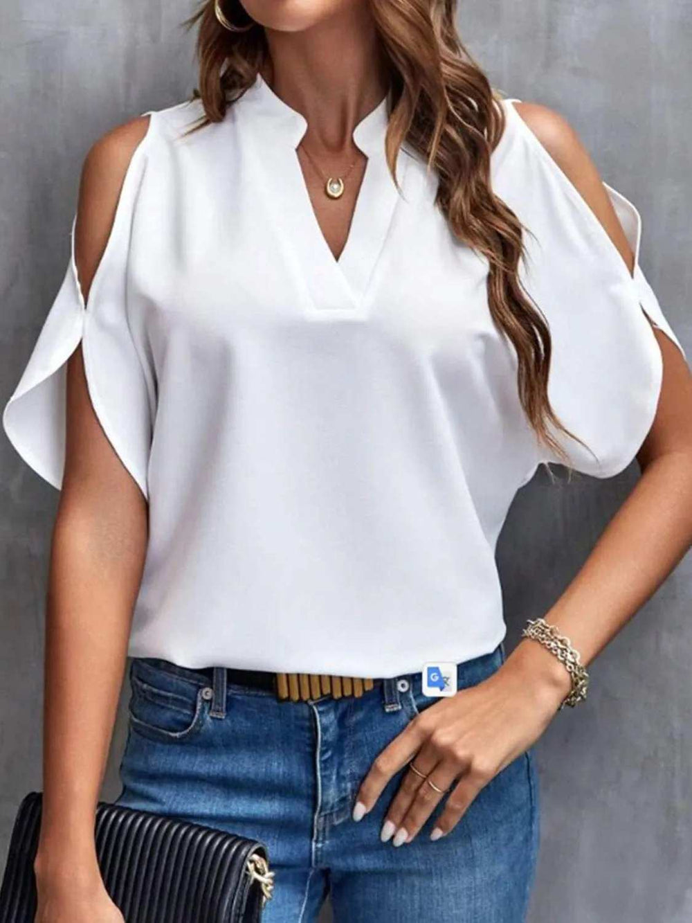 Notched Cold Shoulder Half Sleeve Blouse - Trendsi - Flyclothing LLC