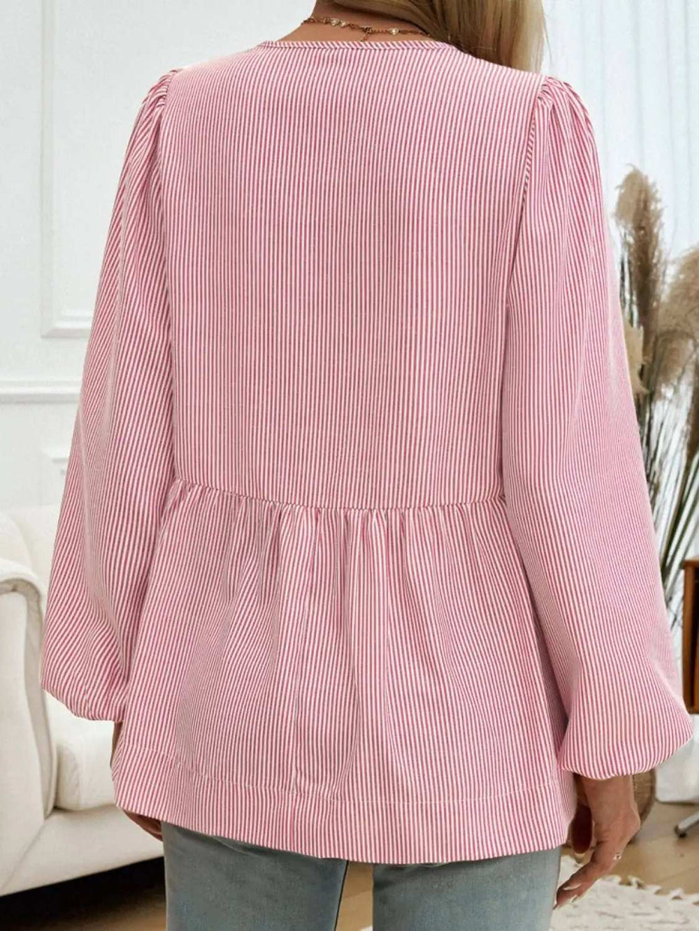 Devine Tied Striped Long Sleeve Blouse - Trendsi - Flyclothing LLC