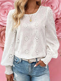 Eyelet Long Sleeve Blouse with Elastic Cuffs - Trendsi - Flyclothing LLC