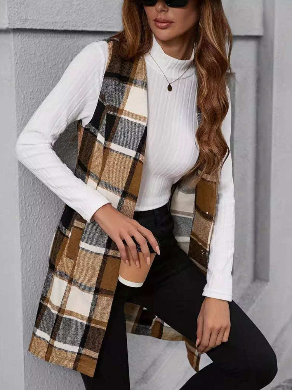 Plaid V-Neck Vest Coat - Trendsi - Flyclothing LLC