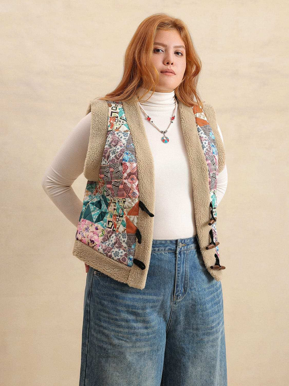 Plus Size Printed Sherpa Vest Coat - Trendsi - Flyclothing LLC