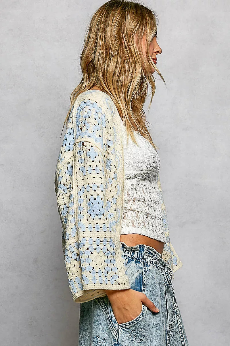 POL Open Front Crochet Cardigan with Granny Square Pattern - Trendsi - Flyclothing LLC