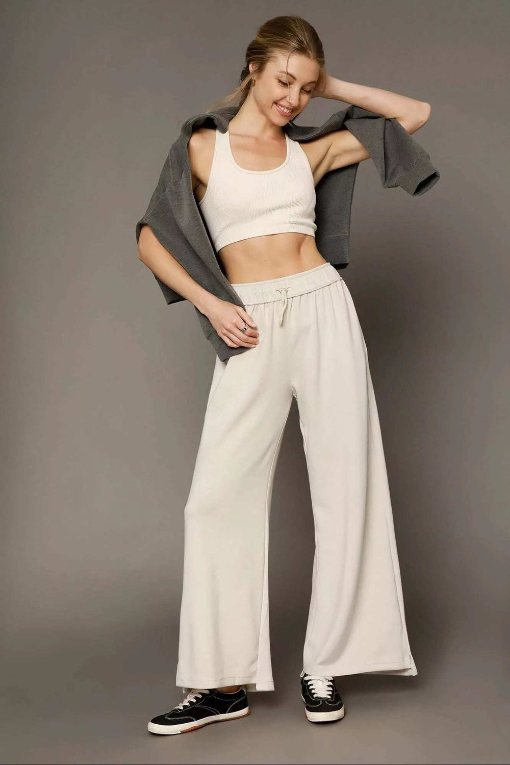 Umgee Elastic Drawstring Waistband Wide Leg Pants - Trendsi - Flyclothing LLC