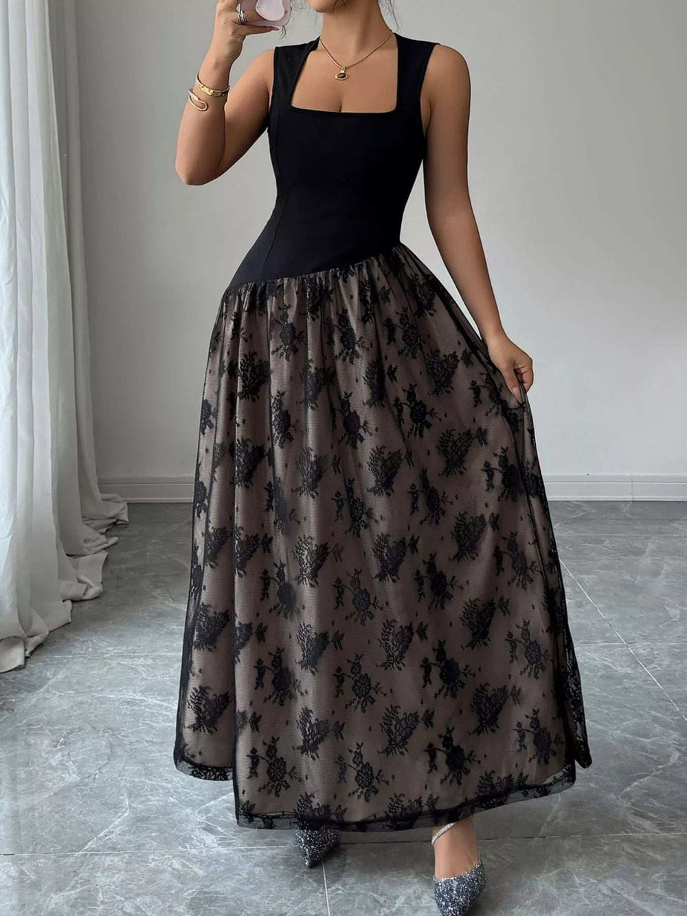 Square Neck Sleeveless Lace Maxi Dress - Trendsi - Flyclothing LLC