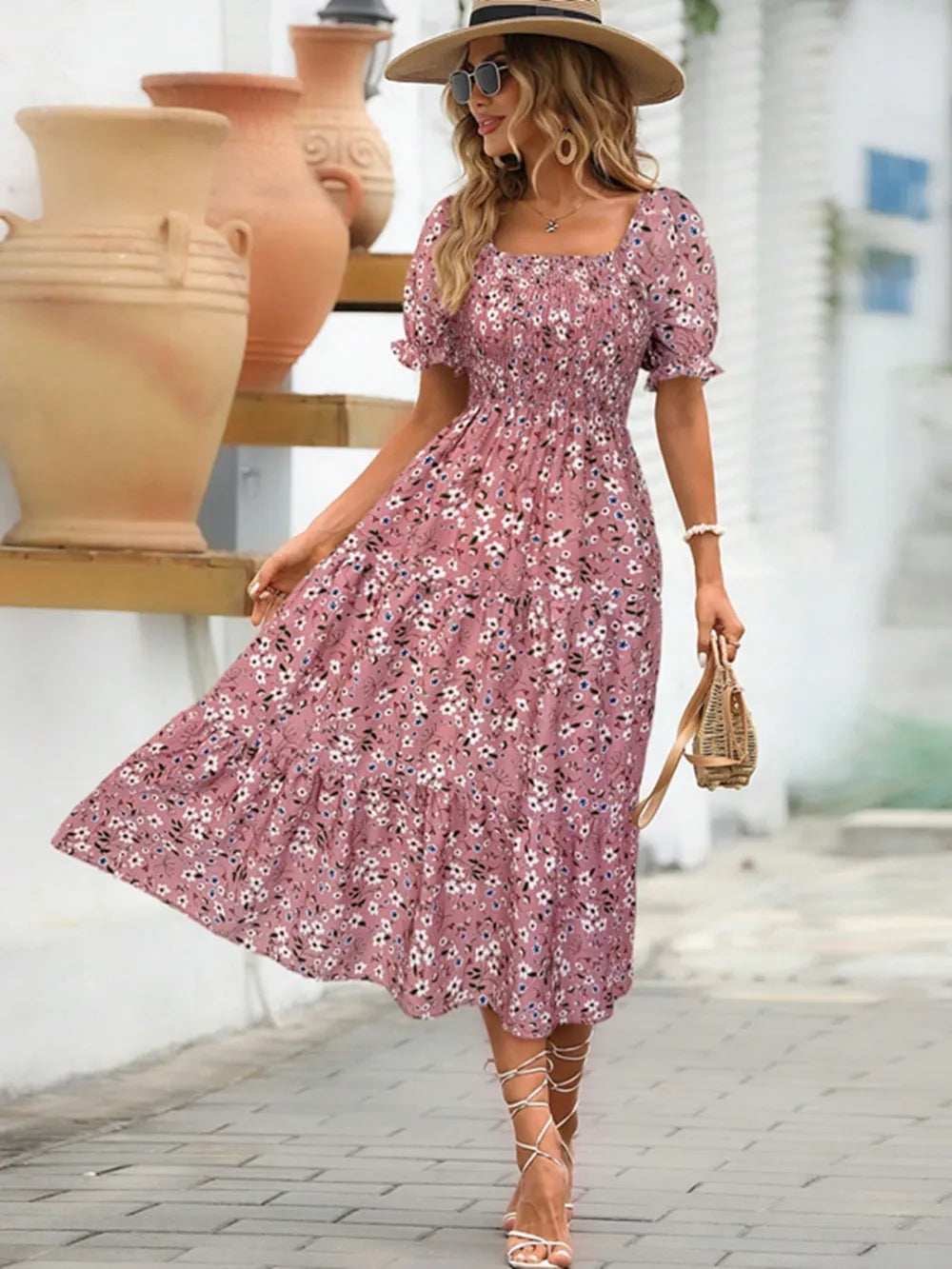 Floral Square Neck Short Sleeve Tiered Dress - Trendsi - Flyclothing LLC