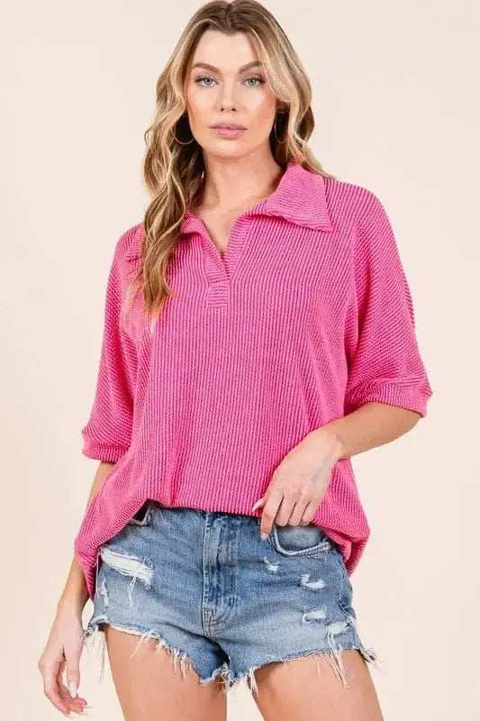 BOMBOM Ribbed Collared Neck Top - Trendsi - Flyclothing LLC