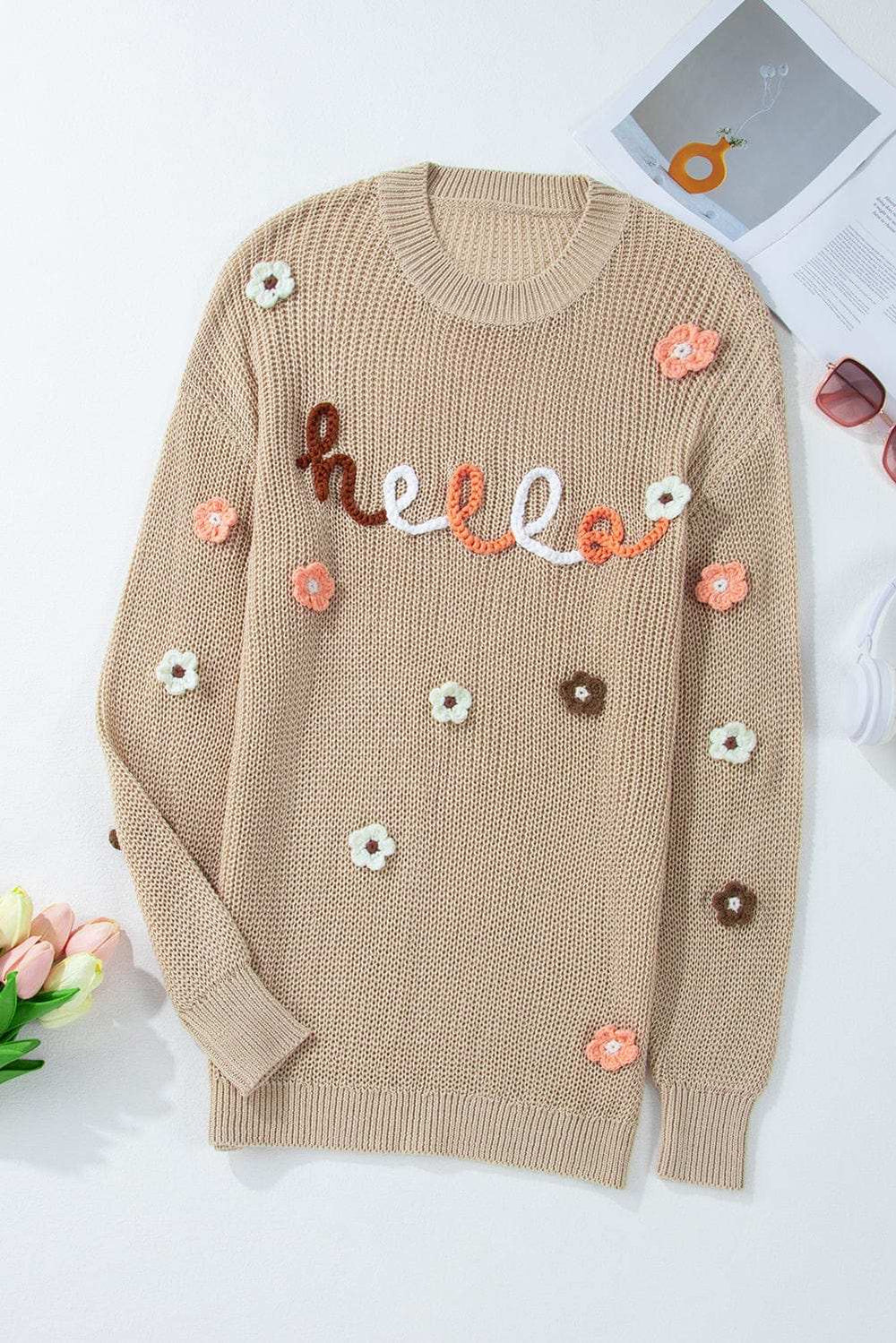 HELLO Flower Round Neck Long Sleeve Sweater - Trendsi - Flyclothing LLC