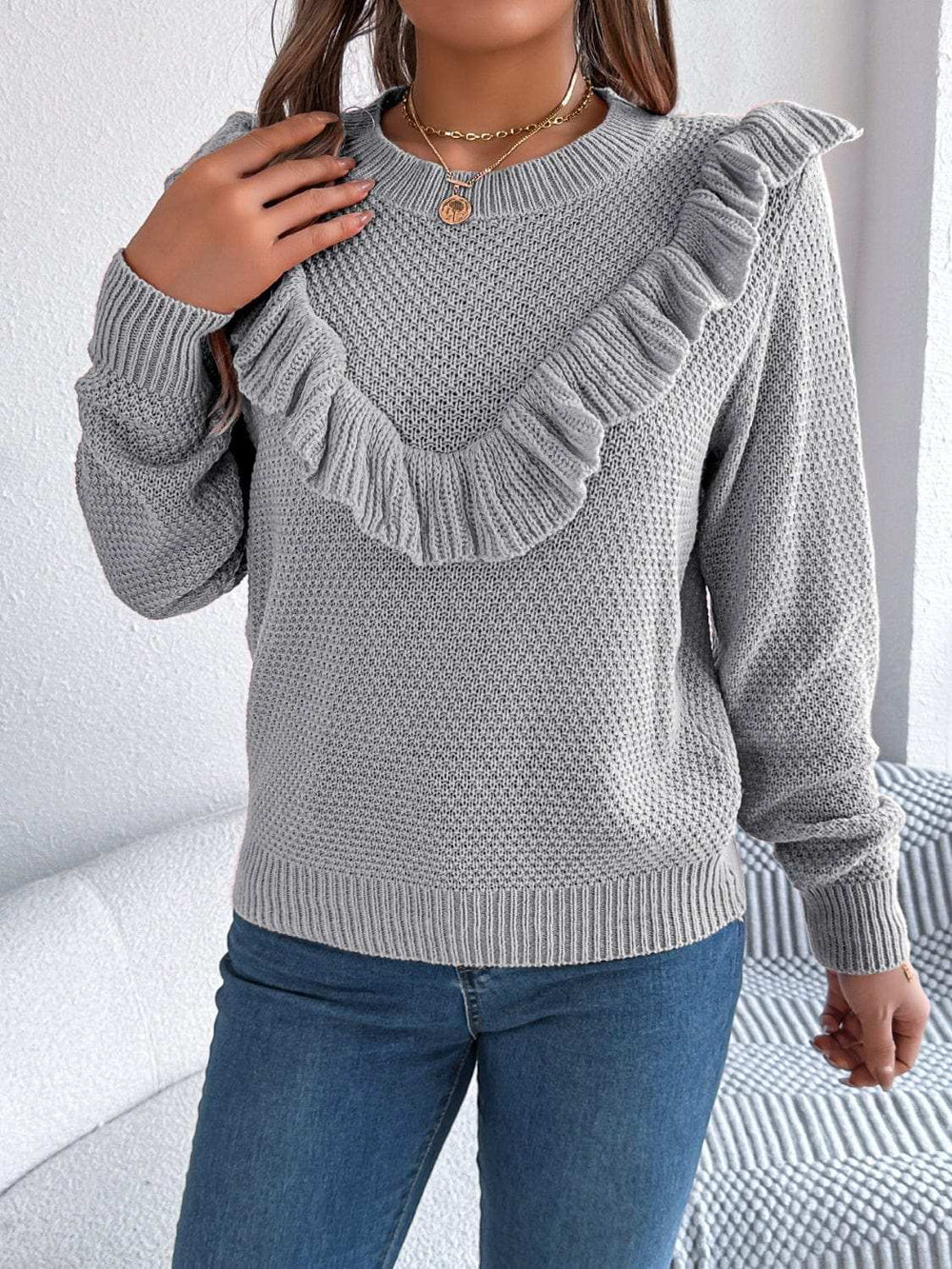 Ruffled Round Neck Long Sleeve Sweater - Trendsi - Flyclothing LLC