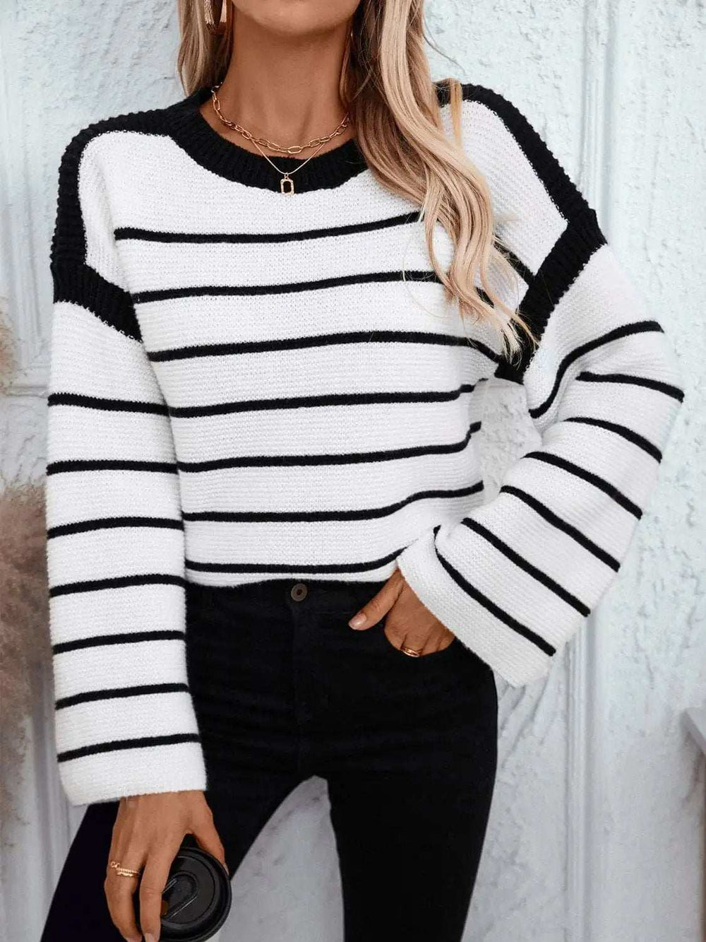 Striped Round Neck Long Sleeve Sweater - Trendsi - Flyclothing LLC