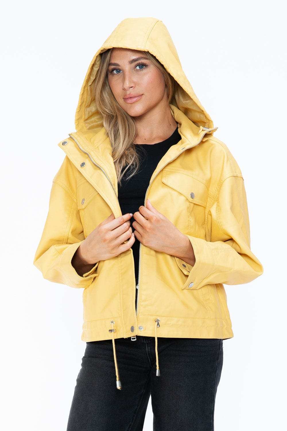How Dare U Drawstring Hem PU Leather Zip Up Jacket - Trendsi - Flyclothing LLC