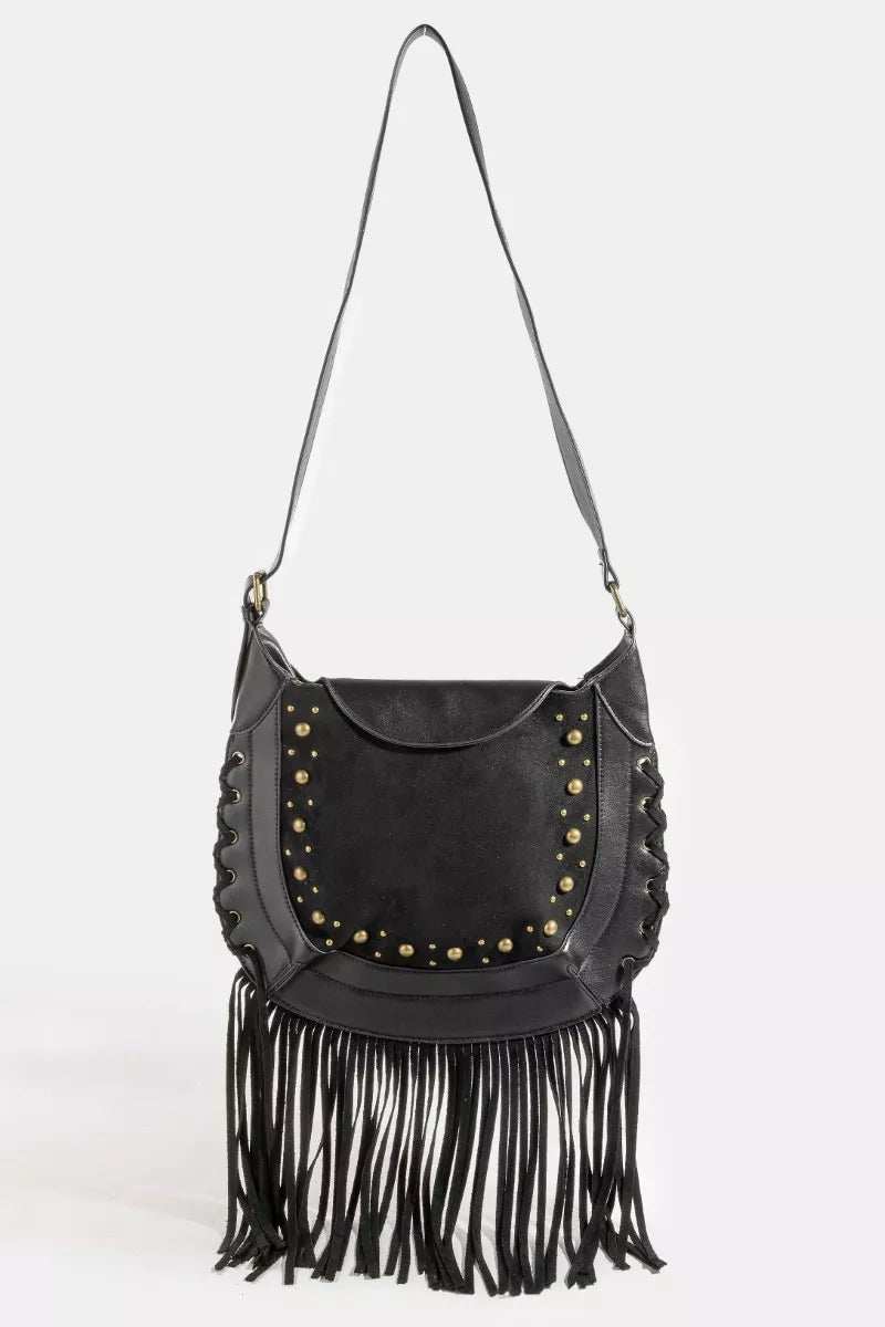 Fame Rivet Trim Suede Fringe Shoulder Bag - Trendsi - Flyclothing LLC