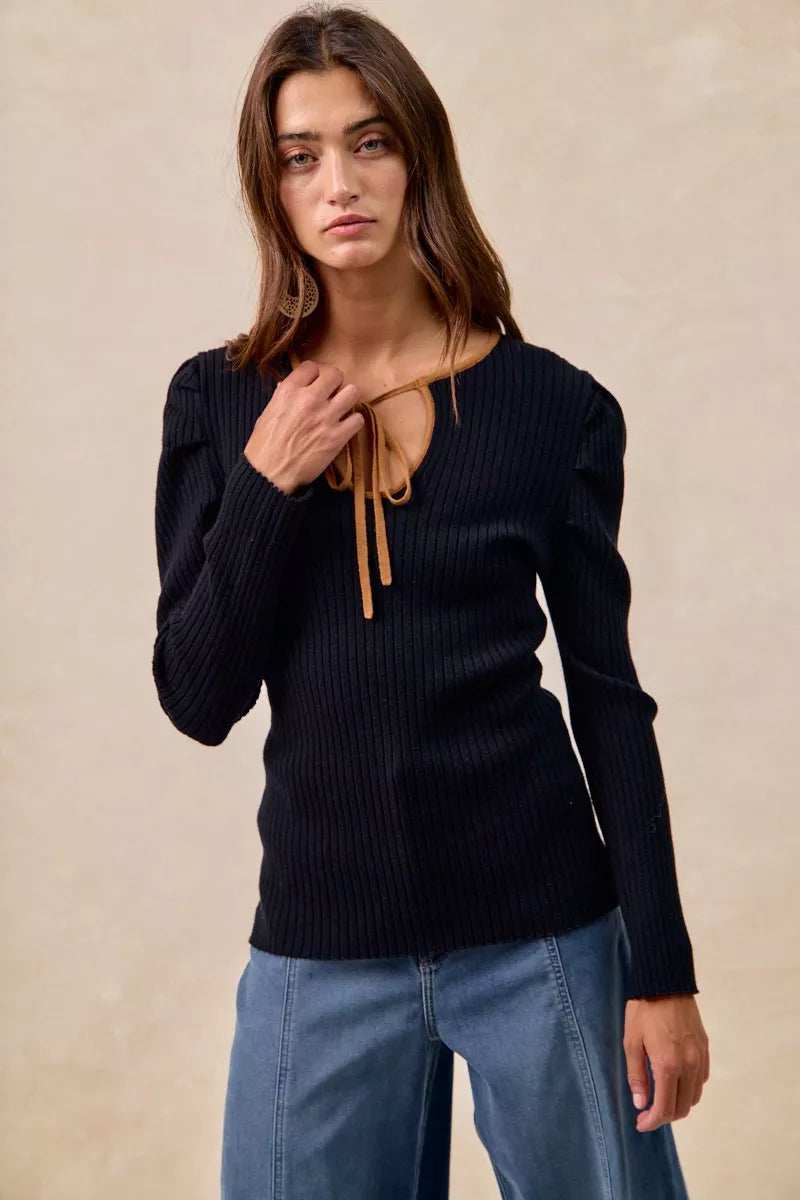 BiBi Ribbed Contrast Front Tied Top with Shrried - Trendsi - Flyclothing LLC