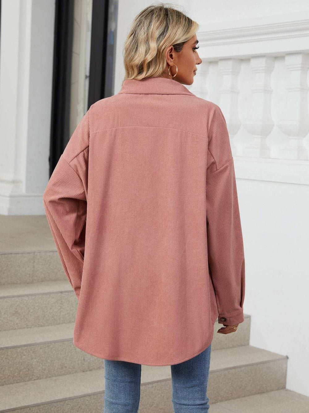 Collared Neck Long Sleeve Dropped Shoulder Shirt - Trendsi - Flyclothing LLC